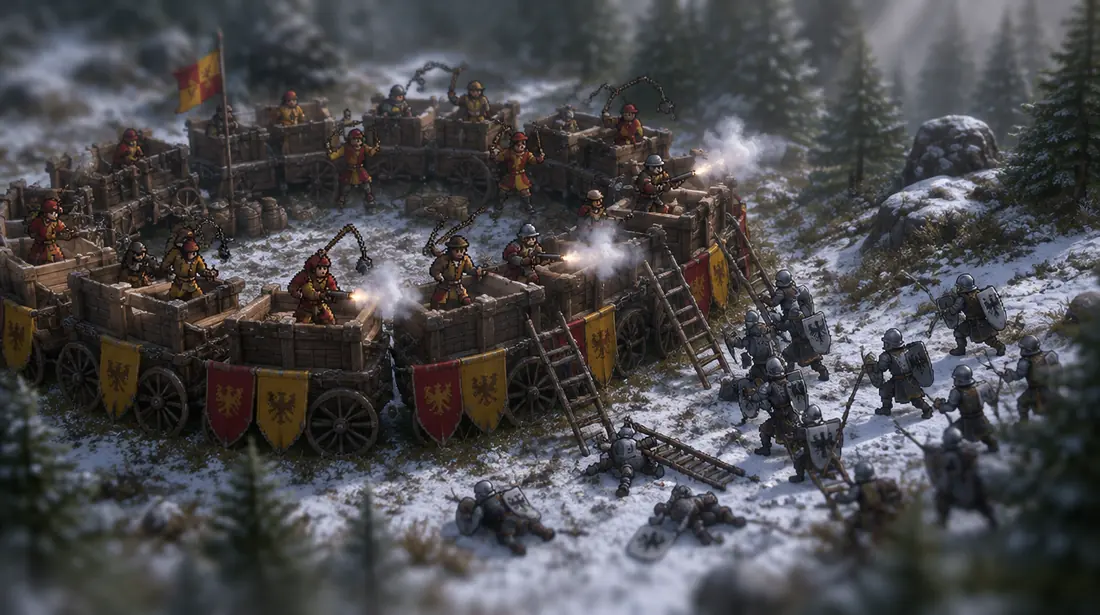 Tangkapan dalam game: lingkaran gerobak berantai di lereng bersalju, prajurit liga mengayun cambuk perang dan menembakkan senapan tangan, men-at-arms The Grand Host memanjat dengan tangga
